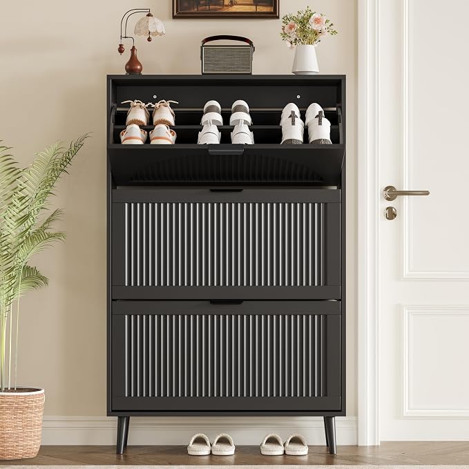 BORNOON Shoe Cabinet for Entryway with 3 Flip Drawers, Slim Wooden Shoe Storage Organizer with Modern Fluted Pannel，Freestanding Narrow Hidden Shoe Rack for Hallway, Foyer, Living Room - Image 7