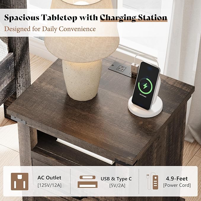 AMERLIFE 5 Pieces Farmhouse Bedroom Set, Includes Rustic King Bed Frame with 54" Tall Headboard, 6 Drawer Dresser, 5 Drawer Tall Chest, Nightstands Set of 2 with Charging Station, Black Oak