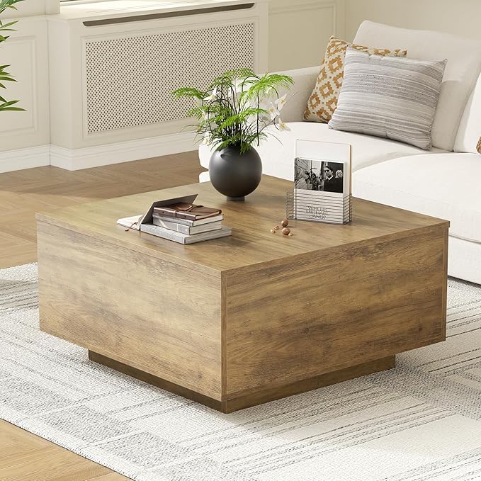 FABATO Lift Top Coffee Table, Wood Square Coffee Table with Storage, Farmhouse Coffee Tables with Hidden Storage Compartment, Center Table with Lifting Tabletop for Living Room, Home Office, Oak