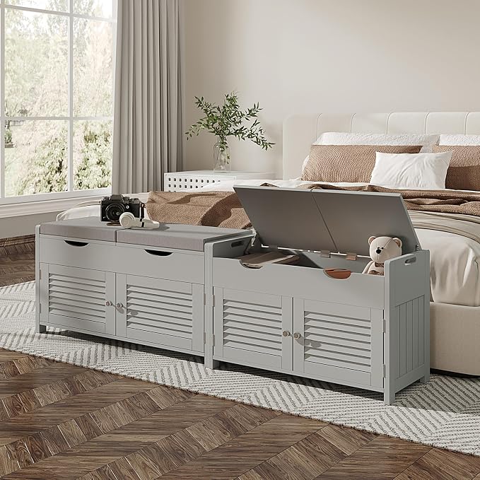 ChooChoo Shoe Storage Bench with Lift Top Storage, Entryway Bench with 2 Cushioned Seats, 3 Compartments, Adjustable Shelf, Shoe Cabinet for Entryway, Bedroom, Living Room, Grey - Image 5
