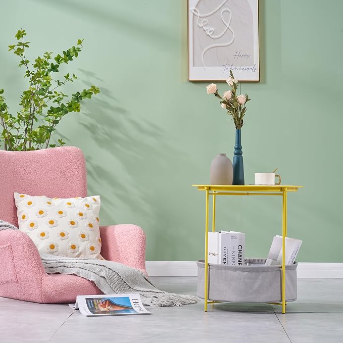 VECELO Round Side/End Table with Fabric Storage Basket，Metal Anti-Rust and Waterproof Small Bedside Nightstand with Removable Tray Top for Living Room，Balcony & Laundry，Yellow /2pcs with Basket - Image 6
