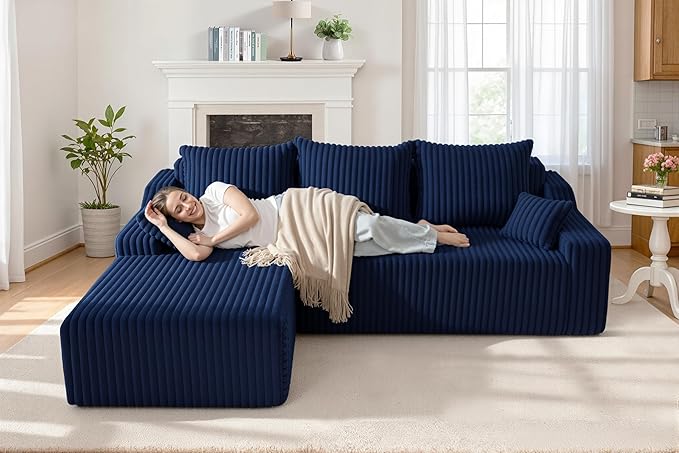 Homguava 94'' Cloud Sectional Couch, Modular L-Shape Couch with Chaise, Boneless Sofa with Deep Seat for Living Room Bedroom,No Assembly Required(Blue,Left Facing Chaise)