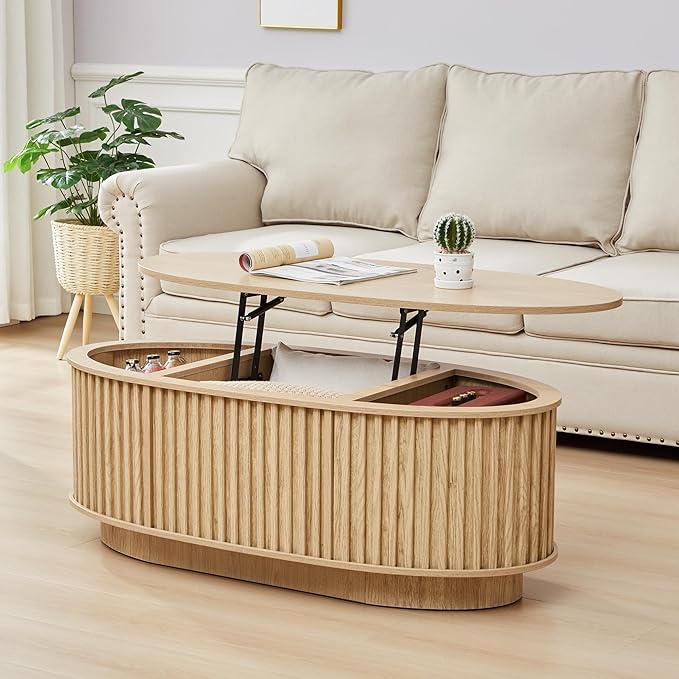 Oval Coffee Table, 43.3'' Fluted Lift Top Coffee Table with Hidden Storage Compartment, Mid Century Modern Dining Table Wooden Center Table for Living Room, Office, Small Spaces (Natural)