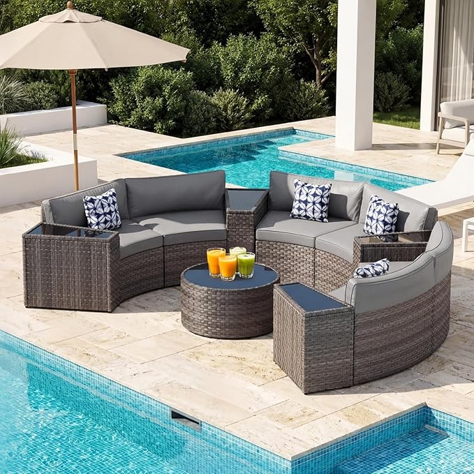 ABCASA Outdoor Patio Furniture Set with Coffee Table,11 Pieces Half-Moon Curved Outdoor Sectional Sofa and Side Table Waterproof Cover, Wicker Rattan Patio Coversation Set for Porch,Backyard(Grey)