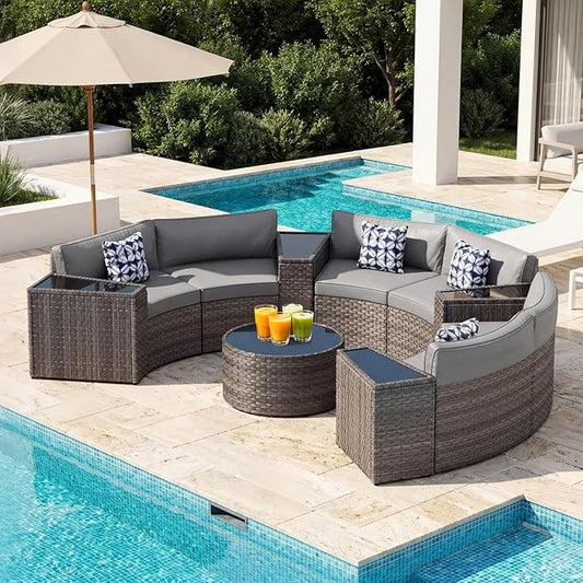 ABCASA Outdoor Patio Furniture Set with Coffee Table,11 Pieces Half-Moon Curved Outdoor Sectional Sofa and Side Table Waterproof Cover, Wicker Rattan Patio Coversation Set for Porch,Backyard(Grey)