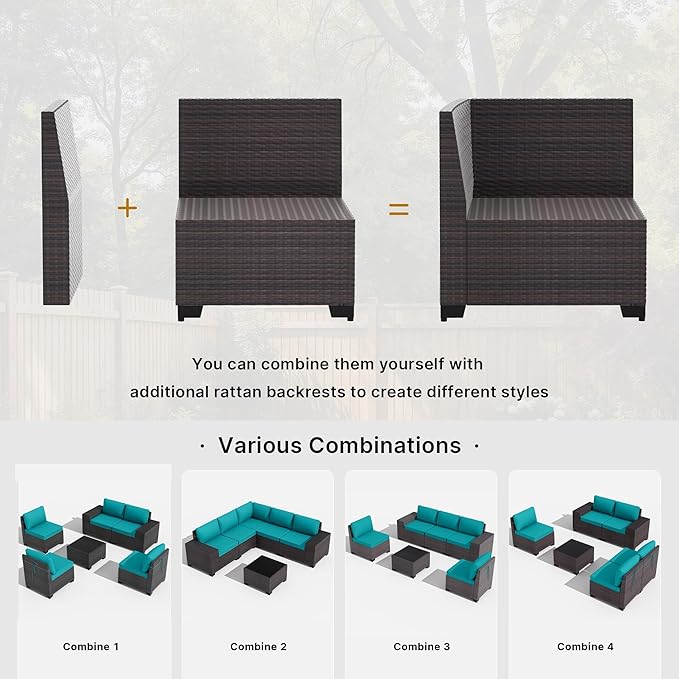 Gotland 7 Pieces Patio Furniture Set with 55000BTU Fire Pit Table, Wicker Patio Set with Wide Armrests 29.5'' High Backrest Thick Cushions 1 Coffee Table, Outdoor Furniture for Porch Deck Green