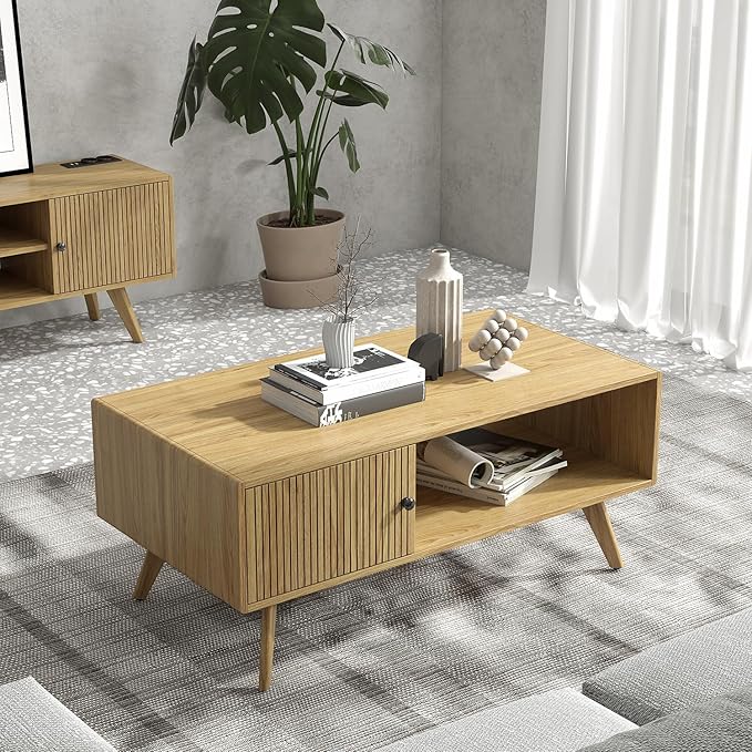 Manora Mid Century Modern Coffee Table with Storage Cabinet and Open Shelf, Wooden Living Room Table with Fluted Drawer and Solid Wood Legs, Oak Finish Center Table for Small Spaces