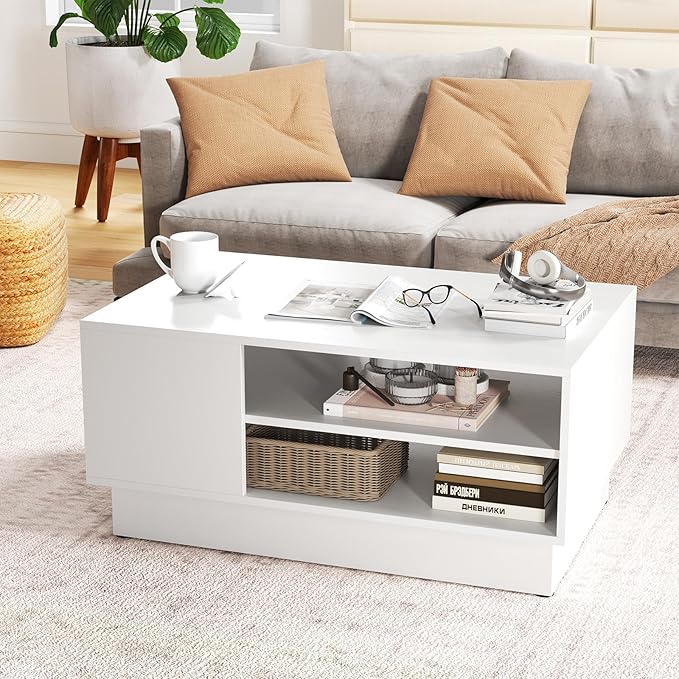 GOFLAME Modern Coffee Table with Storage, 34” Wooden Center Table with 2-Tier Open Storage Shelves, Open Side, Rectangular Tea Table for Living Room, Reception Room, Lounge, White