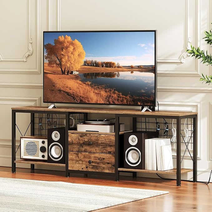 YATINEY TV Stand with Power Outlet Up to 70 Inch, Entertainment Center with 2 Fabric Drawers, TV Console Table with Open Storage Shelves for TVs, Cable Management, for Living Room, Bedroom, DS16UBRY1 - Image 3