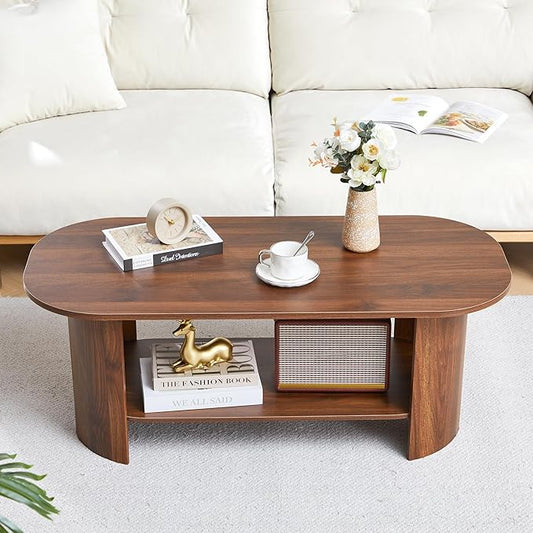Oval Coffee Table for Living Room, 43.3” Farmhouse Coffee Tables with Storage, 2-Tier Wood Center Table with Storage Shelf Low Tea Table for Small Space, Home, Office, Easy Assembly (Walnut)