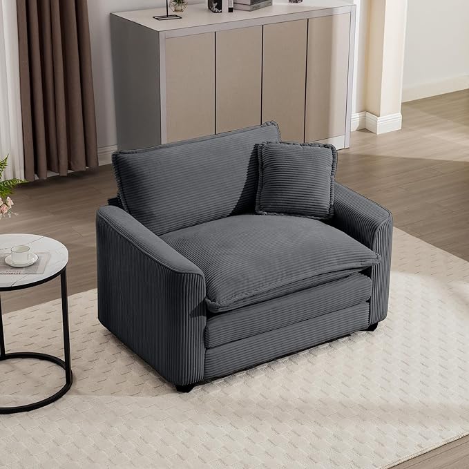 KEIKI 45" Oversized Corduroy Modular Sectional Single Sofa with High-Density Foam Cushions, Removable Armrests, Upholstered Modern 1-Seater Lounge Accent Chair with 1 Pillow, for Living Room, Grey