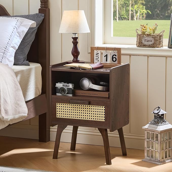 Lerliuo Rattan Nightstand, Bedside Table with Drawer Open Shelf, Cane Accent Side End Table with Solid Wood Legs, Walnut Vintage Night Stand for Bedroom, Dorm and Small Spaces - Image 5