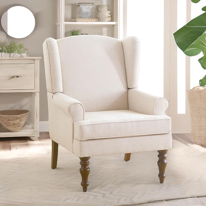 HUIMO Printed Wingback Accent Chair, Linen Upholstered High Back Armchair, Comfy Reading Chair for Living Room Bedroom Study, 300lbs Weight Capacity (1, Tan with Lines)