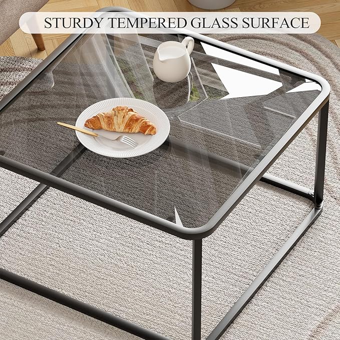 Coffee Table Glass, Minimalist Square Tables for Living Room, Modern Center Table for Office or Small Space, Sturdy Metal Frame, Easy Assembly, 26.4 x 26.4 x 15.7 Inches, Black & Grey Glass