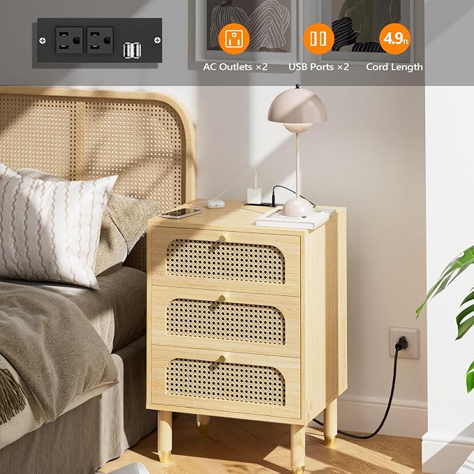 VINGLI Rattan Nightstands Set of 2 with Charging Station, 19" W x 27" H 3 Drawer Boho Nightstand/End Table, Rattan Bed Side Table for Bedroom, Oak - Image 4