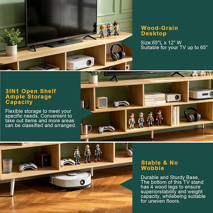 65" Walnut TV Stand with Power Outlet, Large Media Console Table for TVs up to 75" with 8 Open Shelves, Entertainment Center for Living Room/Entrance/Kitchen/Sofa Cabinet, Easy Assembly - Image 5