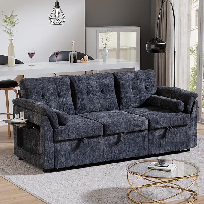 3 in 1 Convertible Sofa Bed, Chenille Pull Out Couch with Side Table, 3 Seat Pull Out Sofa Bed with Level Adjustable Backrest, Comfy Sleeper Sofas for Living Room, Apartment, Blue