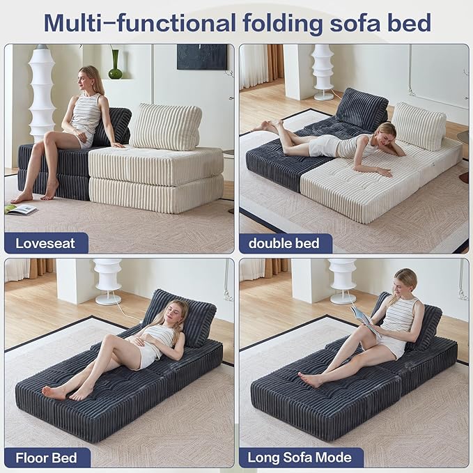 Folding Sofa Chair, Foldable Floor Sofa Bed with Corduroy, Convertible Sleeper Chair Single, Portable Fold Out Chair Bed for Adults, Folding Futon Mattress for Small Spaces, Apartments