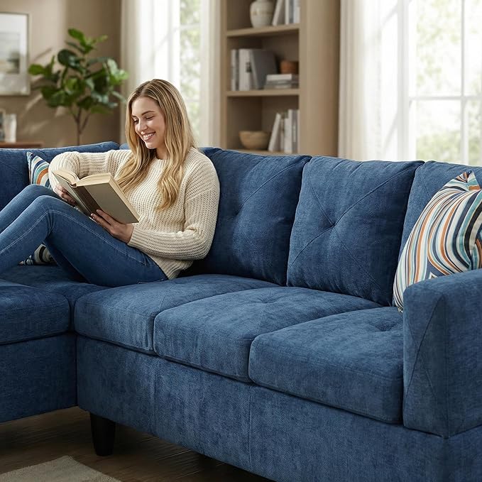 Modern L-Shaped Couch with Lounge Chaise, Comfortable Sectional Sofa with Cushions and Sturdy Frame, Perfect for Living Room, Apartment, Blue