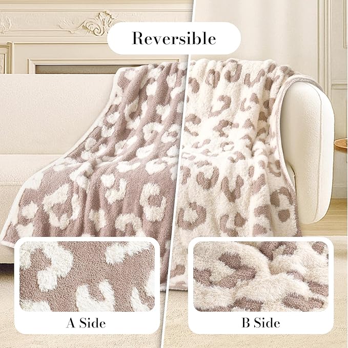 Amélie Home Knit Throw Blanket for Couch, Super Soft Fuzzy Cozy Throw, Giftable Knitted Blanket for Women Men, Birthday, Sofa Bed Living Room Decor, 50" x 60", Beige Leopard