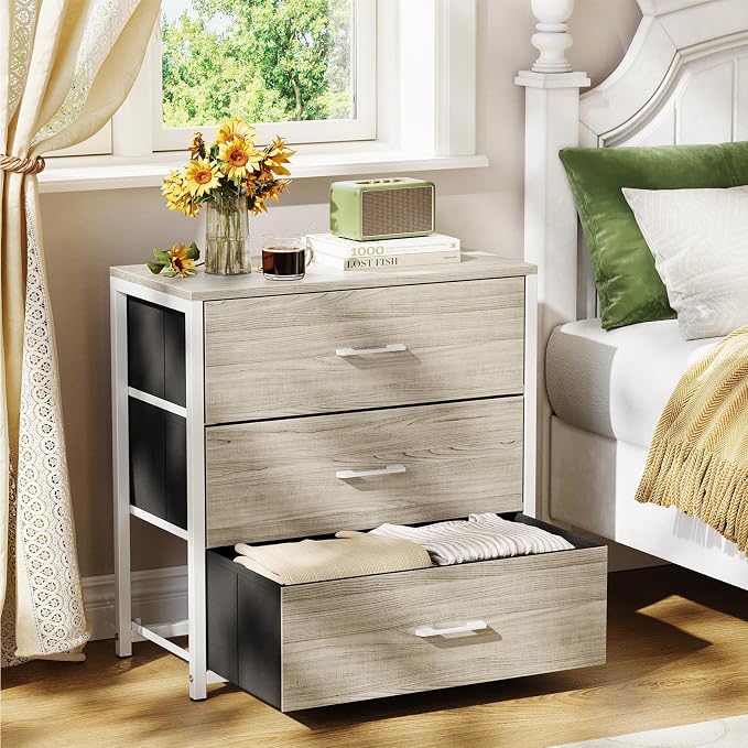 Memobarco Nightstand, End Table, Bedside Table, Tall Fabric Dresser with 3 Drawer, White Drawers Small Chests of Drawers Organizer Storage Tower with Steel Frame, Wooden Top & Front for Bedroom by MEMOBARCO