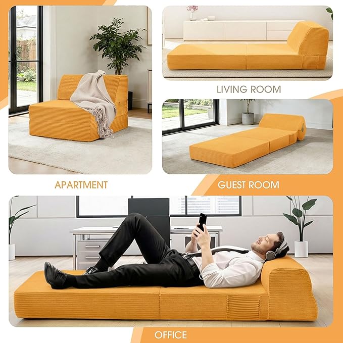 Folding Sofa Bed with Pillow, Memory Foam Fold Out Chair Bed, Convertible Sleeper Chair with Washable Cover, Futon Floor Couch for Living Room/Dorm/Guest Use/Home Office/Apartment,Orange
