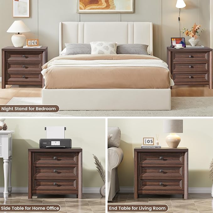 Farmhouse Walnut Nightstand, Large Nightstand with 3 Drawers, Wood Night Stand for Bedroom, Modern End Table for Living Room Closet, 26.7” Wide with Metal Knobs - Image 5
