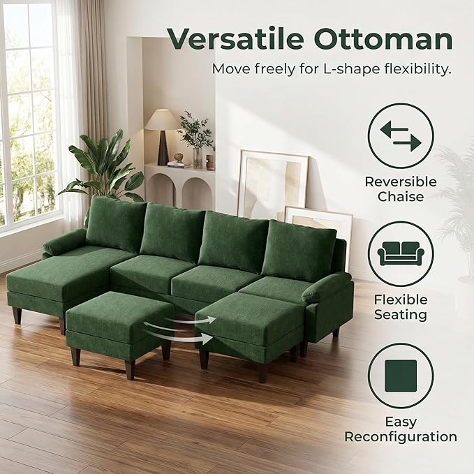 Modern L-Shaped Sectional Sofa with Storage Ottoman, Apartment Sectional Couch with Left Facing Chaise, 3-Piece Living Room Sofa Set, 115 Inch Furniture, Green