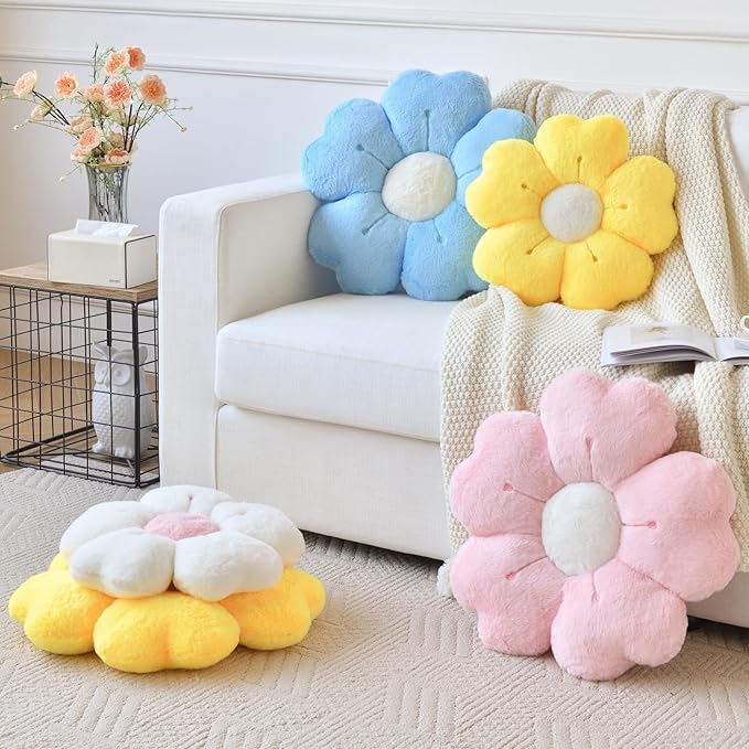 Flower Pillow, Flower Shaped Pillow Decorative Throw Pillows for Bed Couch, Cute Daisy Pillow Dorm Decor Floor Seating Cushion (Blue, 19.6 Inches)