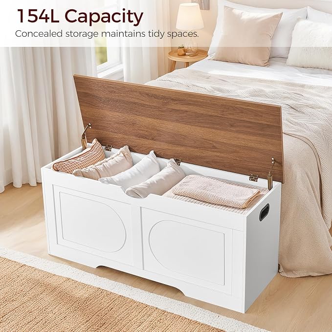 MAHANCRIS Storage Chest, 43.3” Toy Box, Entryway Storage Trunk, Shoe Bench with Storage, Engineered Wood Storage Cabinet with 2 Safety Hinges, Entrance Bench for Living Room, White + Walnut SCBZ2101 - Image 7