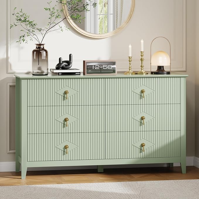 GarveeHome Fluted Dresser for Bedroom, 54 Inch Wide 6-Drawer Wood Dresser, Modern Chest of Drawers, Storage Organizer Cabinet for Living Room, Hallway, Entryway, Green by GarveeHome