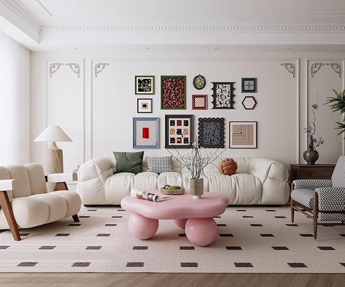 35.03" Cloud Coffee Table for Living Room Unique Coffee Table Modern Low Coffee Tables Cute Center Table with 3 Ball Legs for Small Space Apartment Cream Flower-Pink
