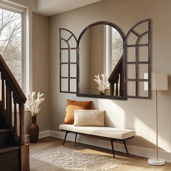 Arched Wall Mirror with Window Pane Design 36x24 Inch Rustic Farmhouse Wood Decorative Mirror for Living Room Bedroom Entryway - Image 5