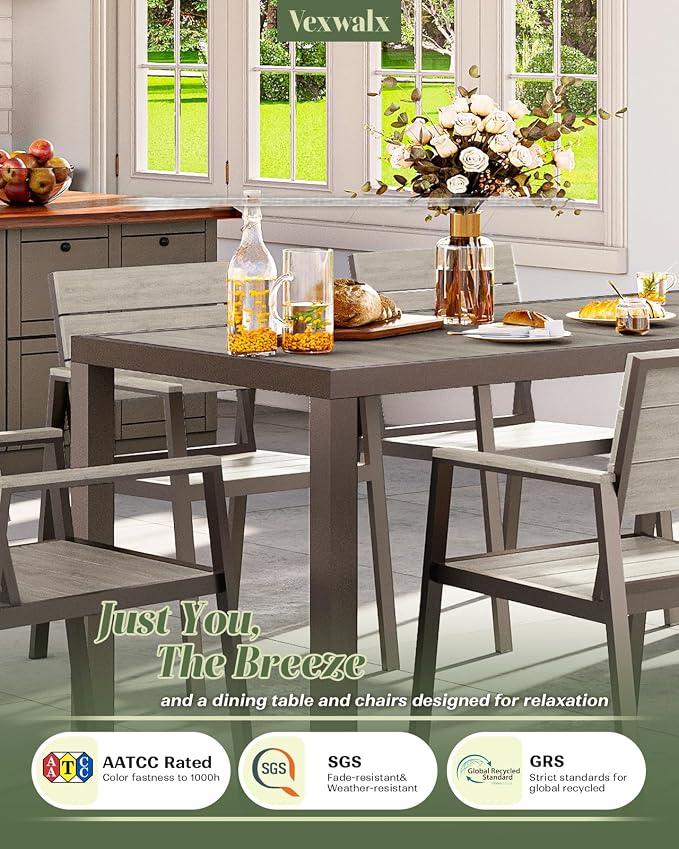 Vexwalx 7-Piece Outdoor Dining Set, Aluminum Dining Table Set for 6, Patio Table and Chairs Set with Umbrella Hole, All Weather HDPS Outdoor Table and Chairs for 6 (Gray) - Image 6