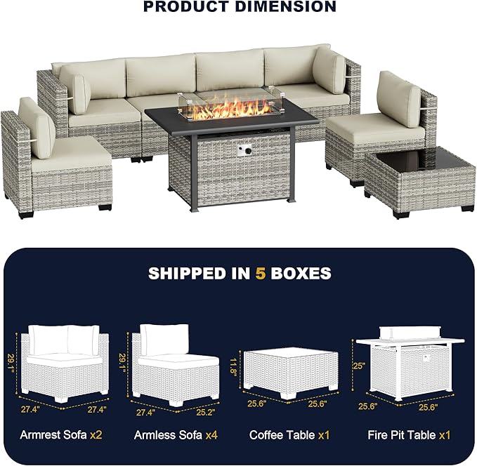 8-Piece Outdoor Patio Furniture Set with 55,000 BTU Fire Pit Table, PE Wicker Rattan Sectional Sofa Conversation Set - All-Weather Garden, Backyard Furniture, White