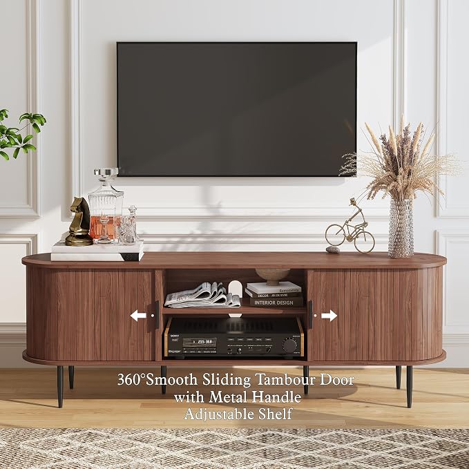 ARTPOWER 70" Modern TV Stand with Tambour Door for TVs up to 80", Entertainment Center with Storage, Fluted Television Consoles for Living Room, Brown - Image 2