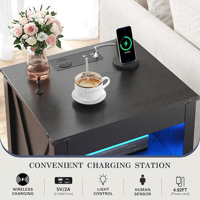 TAGELIER Night Stand Set 2 with Gun Drawer, Farmhouse Bedside Table with Charging Station, Gun Nightstand with LED Light & Human Sensor, Smart End Table for Bedroom, Black - Image 3