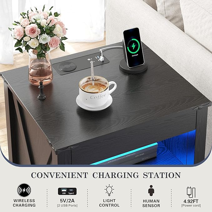 TAGELIER Farmhous Nightstand with Gun Drawer,Bedside Table with Charging Station, Gun Night Stand with LED Light & Human Sensor,Smart End Table for Bedroom, Black - Image 3
