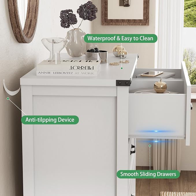 Dresser for Bedroom with 6 Drawers, 46" Tall Wood Chest of Drawers with Deep Drawers & Mental Handle, Modern Dresser TV Stand, Wooden Closet Storage Organizer for Living Room, Hallway, Entryway, White - Image 6