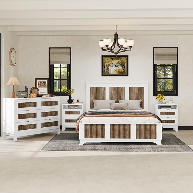 Farmhouse 4-Pieces Bedroom Sets,Queen Size Platform Bed with 2 Storage Nightst and 6-Drawer Dresser with Metal Handle,4 Piece Bedroom Furniture Set with Wooden Strip Stickers Decoration,White