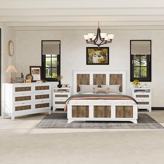 Farmhouse 4-Pieces Bedroom Sets,Queen Size Platform Bed with 2 Storage Nightst and 6-Drawer Dresser with Metal Handle,4 Piece Bedroom Furniture Set with Wooden Strip Stickers Decoration,White