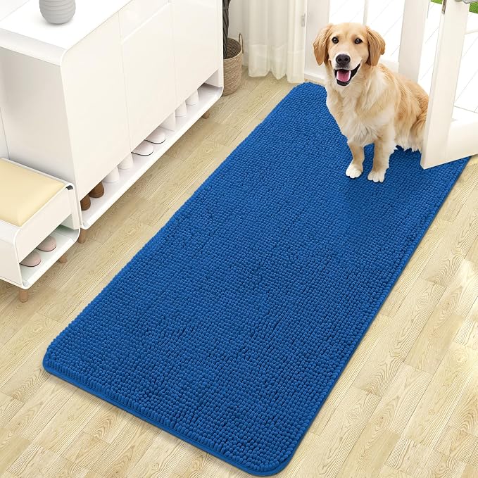 OLANLY Dog Door Mat for Muddy Paws 47x24, Absorbs Moisture and Dirt, Absorbent Non-Slip Washable Doormat, Quick Dry Chenille Mud Mat, Entry Indoor Entryway Carpet for Inside Floor, Deep Navy Blue by OLANLY