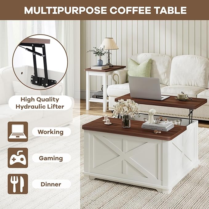 Farmhouse Coffee Table with Hydraulic Lifter, Square Coffee Table with Large Hidden Storage Compartment for Living Room, Wooden Coffee Tables with Brown Flip-Top Lids for Home Office, White