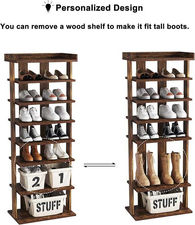 HOMEFORT 7-Tier Wood Shoe Rack, Double Rows Shoe Shelf, Shoe Storage Stand, Entryway Shoe Tower, Vertical Shoe Organizer for Narrow Closet, Entryway, Hallway, Rustic Brown - Image 6