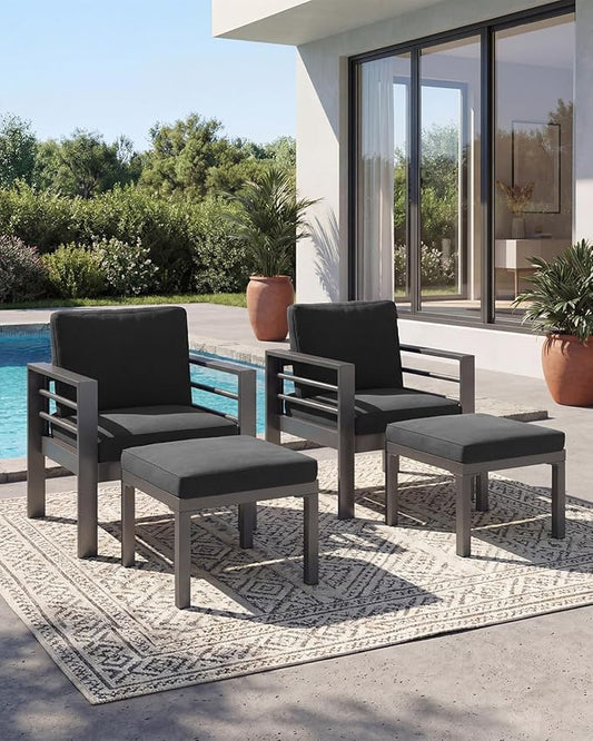 AECOJOY Aluminum Patio Furniture Armchair with Ottoman, Set of 2, Modern Outdoor Furniture with Washable 5 inch Thick Cushion, Dark Gray