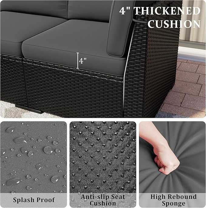 8 Pieces Outdoor Patio Furniture Set with 44" Fire Pit Table Black Rattan Sectional Conversation Sets w/Gas Fire Pit, Coffee Table, 1 Waterproof Covers, Dark Grey