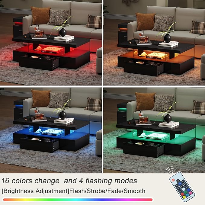 ChooChoo Modern LED Coffee Table, High Glossy Center Table with Drawer, Black Coffee Table with Storage for Living Room, Bedroom