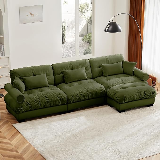 KEIKI 130" L-Shaped Oversized Velvet Modular Sectional Sofa with 1 Ottoman, High-Density Foam Cushions and Bolstered Armrests, Upholstered 3-Seater Cloud Couch with 5 Pillow, for Living Room, Green