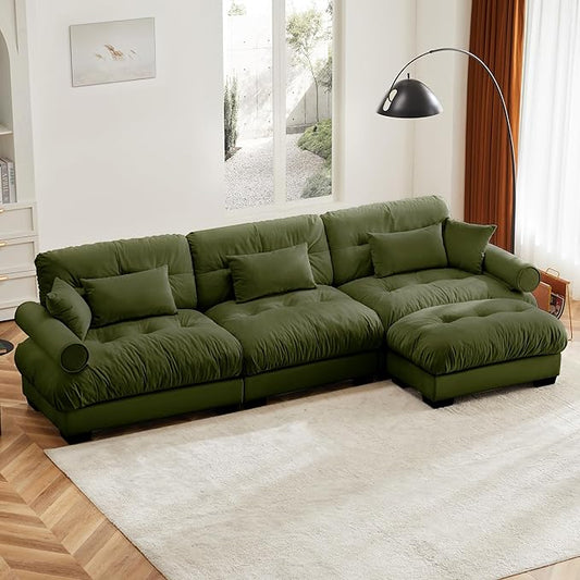 KEIKI 130" L-Shaped Oversized Velvet Modular Sectional Sofa with 1 Ottoman, High-Density Foam Cushions and Bolstered Armrests, Upholstered 3-Seater Cloud Couch with 5 Pillow, for Living Room, Green