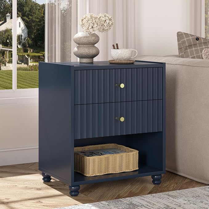 Modern Nightstand, Fluted End Table with 2 Drawers, Nightstand with Open Shelf for Bedroom (1, Blue) by ZOSQUARE